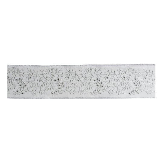 Melrose 4" x 5yd. White & Silver Embroidered Vine Wired Ribbon